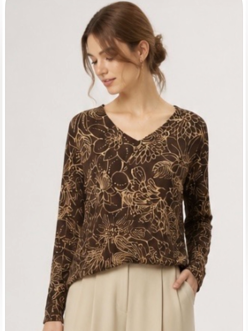 CHICOS Sweater Top V Neck Brown Gold Soft Floral Long Sleeve